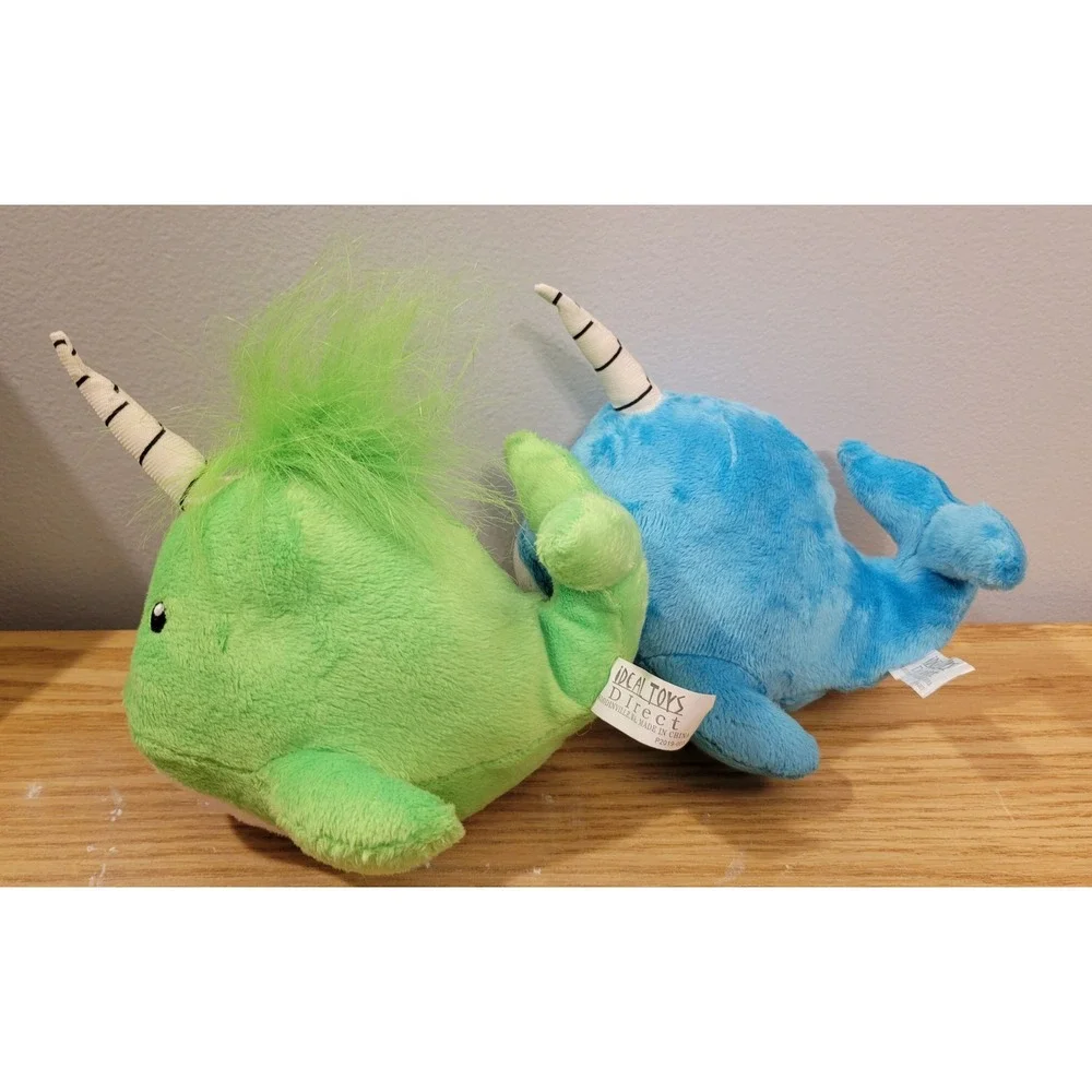 Ideal Toys Direct Plush Narwhal Set Mustache Monocle & Green Tongue 7 Inch 2pc